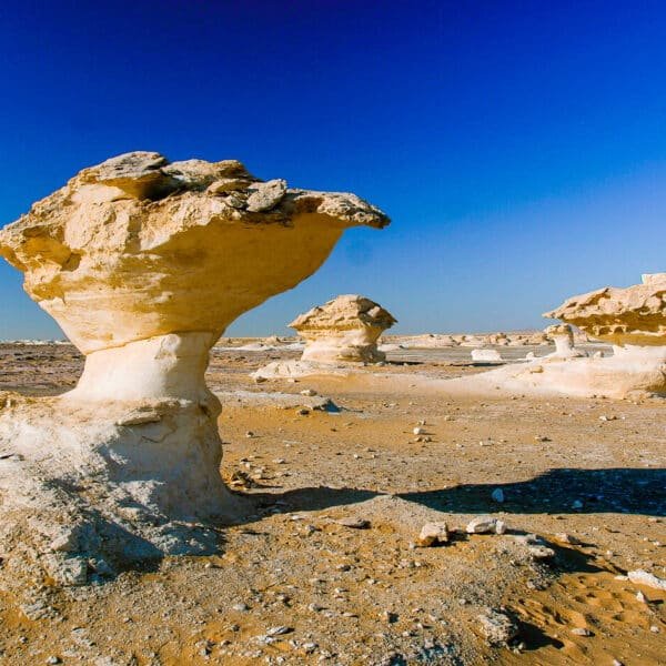 Paisaje del desierto blanco en Egipto con formaciones de arena únicas.