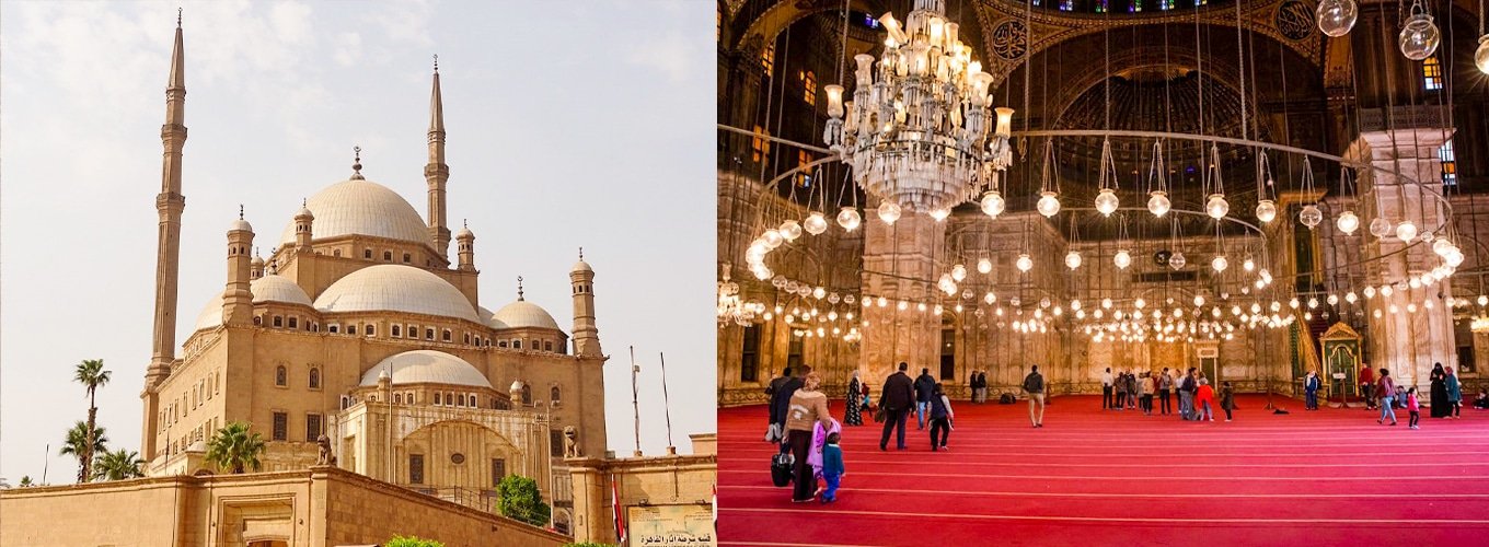 Vista interior y exterior de la Mezquita de Muhammad Ali en El Cairo, Egipto.