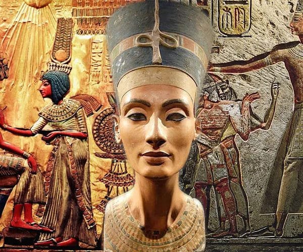 Collage de reyes y reinas del antiguo Egipto con atuendos y símbolos de poder.