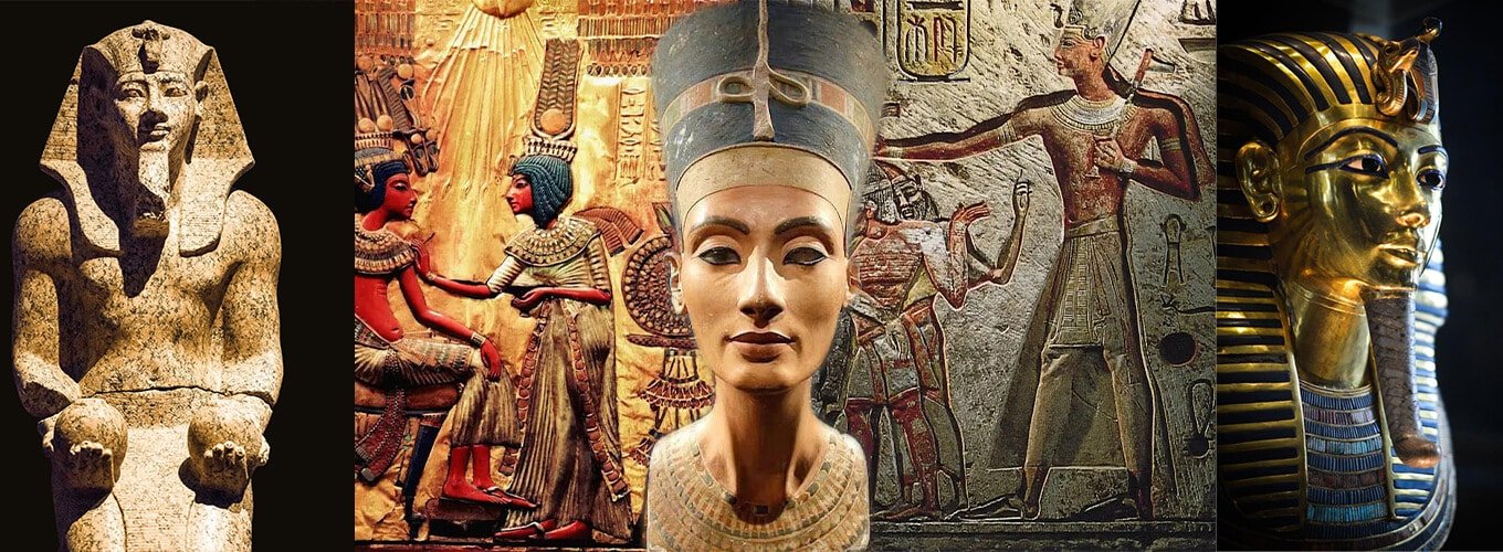 Collage de reyes y reinas del antiguo Egipto con atuendos y símbolos de poder.