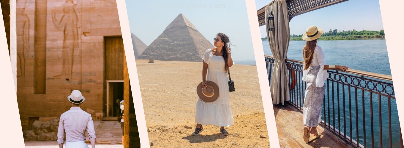 Turistas extranjeros explorando las pirámides y templos antiguos de Egipto.